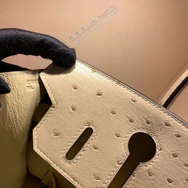 Hermes女包 愛馬仕Birkin30cm Hermes鉑金包 Ostrich鴕鳥皮 全手縫蠟線 3C Parchmin羊毛白銀扣  am1900